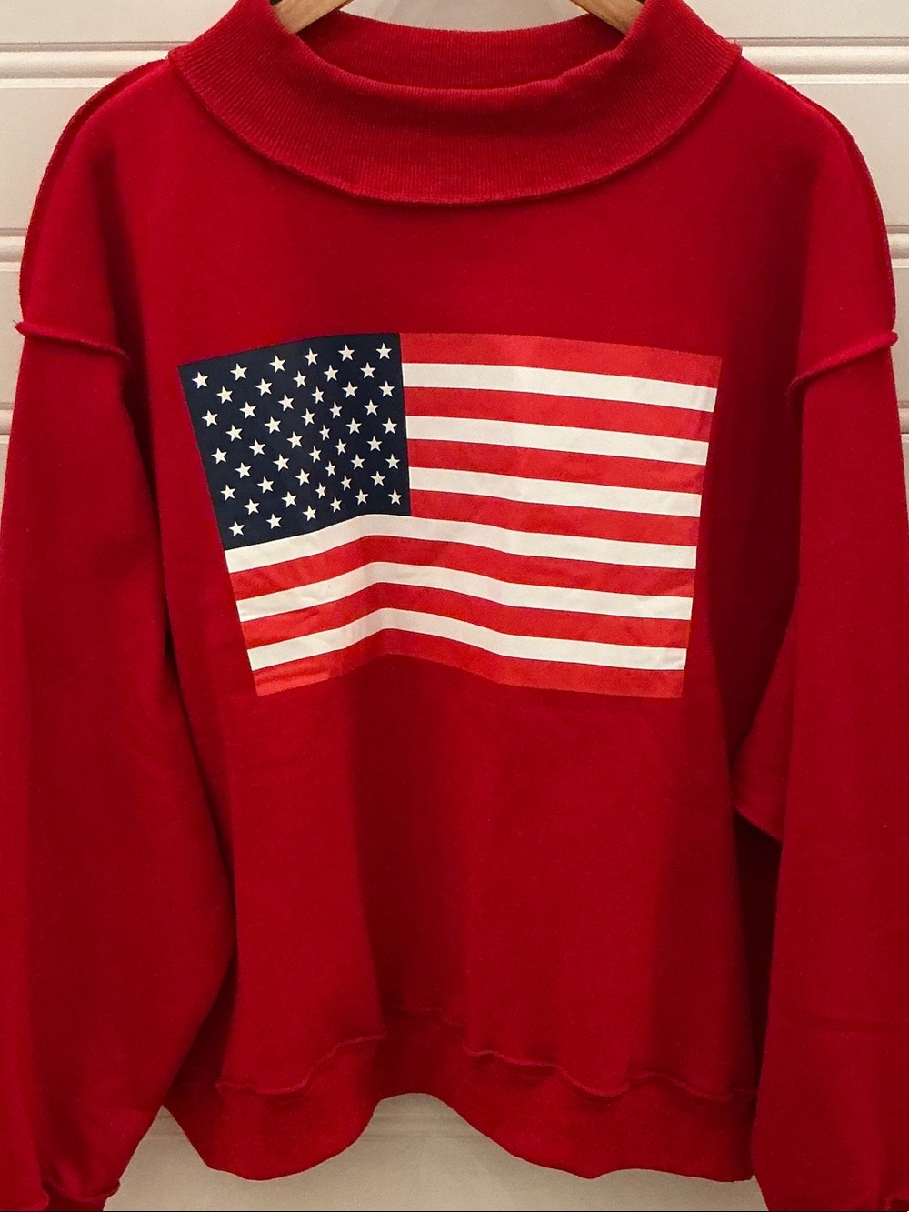Red Women's reversible oversized Crewneck Sweater with American Flag Graphic